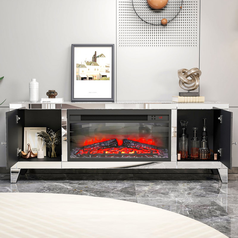 Everly Quinn Tall Mirrored Silver Fireplace Tv Stand For 65 Inch Tvs Fashion Tv Stands Entertainment Center With Cabinet Reviews Wayfair